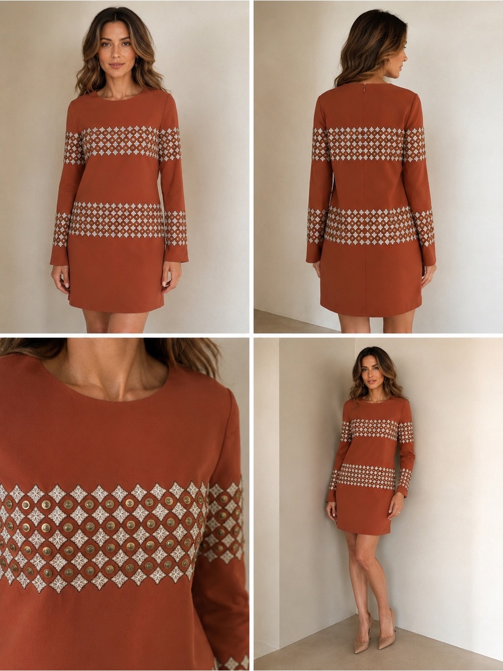 Tory Burch Rust Shift Dress with Ivory Geometric Embellishment 100%silk
